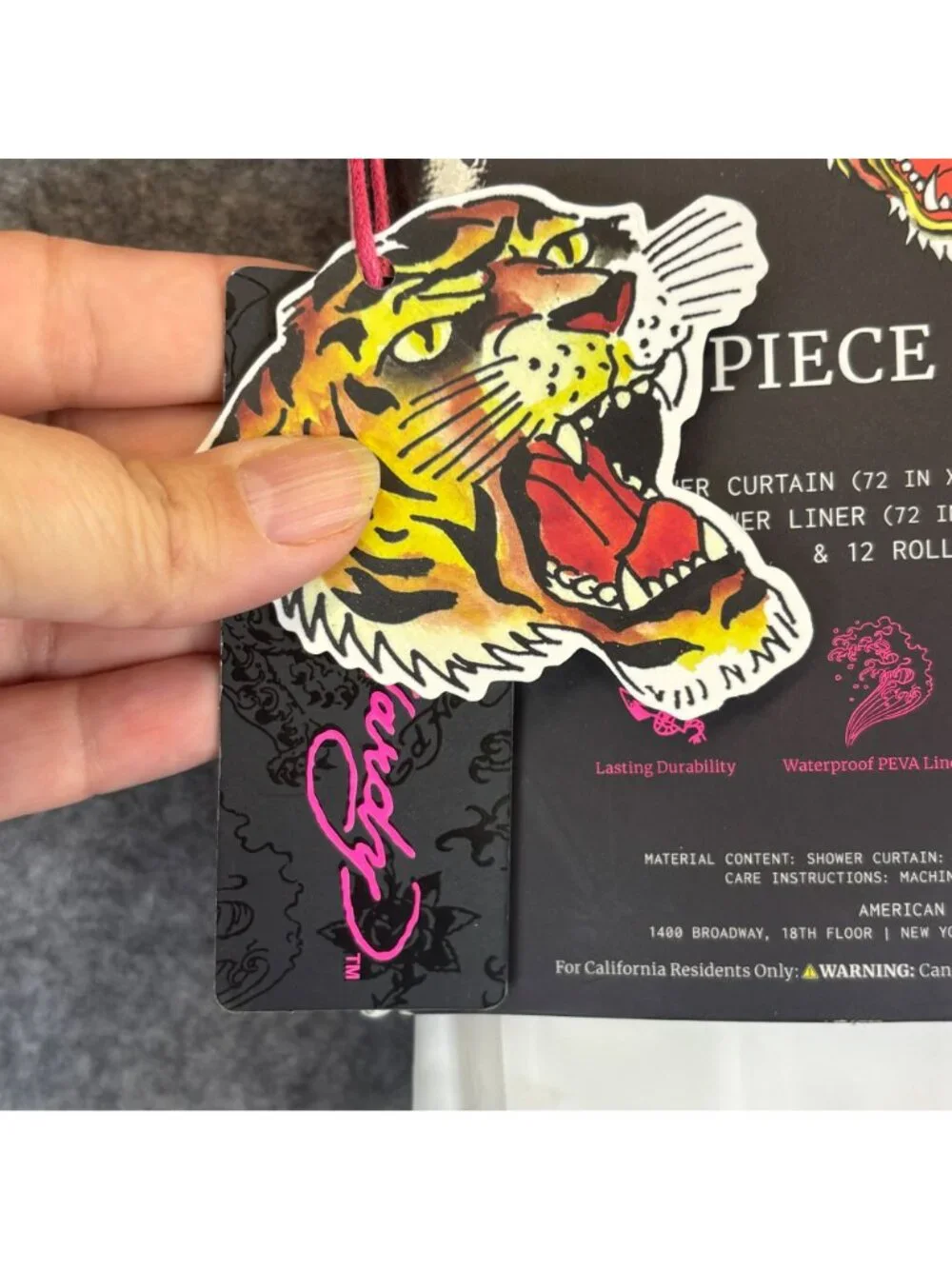 Ed Hardy 14 Piece Bath Set w Shower Curtain Liner w Hooks Pink Tiger Design